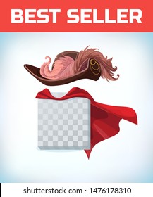 Musketeer hat with feather. Vintage pirate hat. Masquerade costume headdress. Carnival or Halloween mask. Cartoon Vector illustration. Red cape