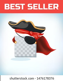Musketeer hat with feather. Vintage pirate hat. Masquerade costume headdress. Carnival or Halloween mask. Cartoon Vector illustration. Red cape