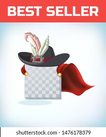 Musketeer hat with feather. Vintage pirate hat. Masquerade costume headdress. Carnival or Halloween mask. Cartoon Vector illustration. Red cape