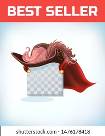 Musketeer hat with feather. Vintage pirate hat. Masquerade costume headdress. Carnival or Halloween mask. Cartoon Vector illustration. Red cape