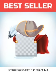 Musketeer hat with feather. Vintage pirate hat. Masquerade costume headdress. Carnival or Halloween mask. Cartoon Vector illustration. Red cape