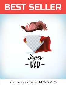 Musketeer hat with feather. Vintage pirate hat. Super dad. Superdad logo. Father day concept. Card for Daddy. Comic style. Cartoon Vector illustration.