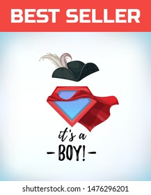 Musketeer hat with feather. Vintage pirate hat. Its a boy in vintage style. Comic style. Cartoon Vector illustration.