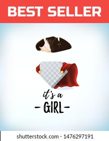Musketeer hat with feather. Vintage pirate hat. Its a girl in vintage style. Comic style. Cartoon Vector illustration.