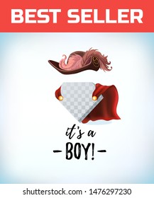 Musketeer hat with feather. Vintage pirate hat. Its a boy in vintage style. Comic style. Cartoon Vector illustration.