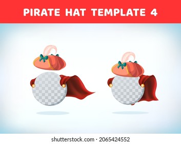 Musketeer hat with feather. Vintage pirate hat. Masquerade costume headdress. Carnival or Halloween mask. Cartoon Vector illustration. Red cape. Cartoon template.