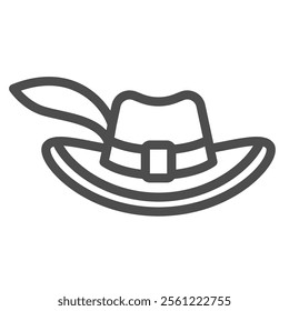 Musketeer man hat with feather line icon, fairy tale headwear concept. Vector graphics. Small cylinder hat sign on white background, outline style icon for mobile or web design