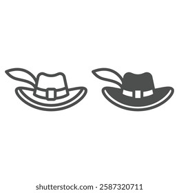 Musketeer man hat with feather line and solid icon, fairy tale headwear concept. Vector graphics. Small cylinder hat sign on white background, outline style icon for mobile or web design