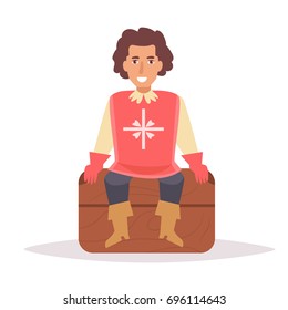 Musketeer sitting on the chest. Vector. Cartoon. Isolated art on white background. Flat