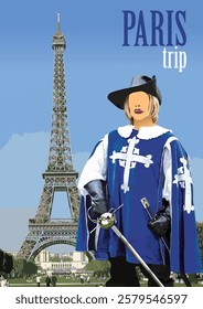 Musketeer with sword and cape guarding eiffel tower in conceptual illustration promoting tourism in paris, france