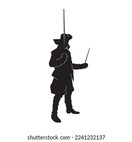 Musketeer with sword detailed isolated vector silhouette.