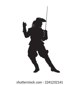 Musketeer with sword detailed isolated vector silhouette.