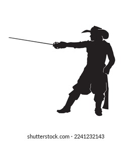 Musketeer with sword detailed isolated vector silhouette.