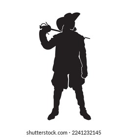 Musketeer with sword detailed isolated vector silhouette.