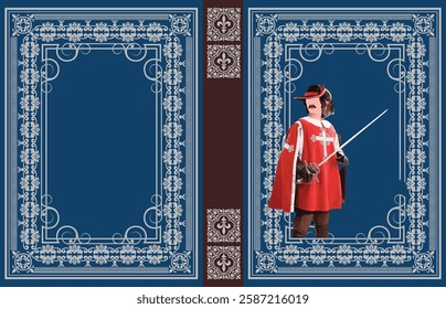 Musketeer wearing red uniform and holding sword posing under cloudy blue sky. Hand drawn Illustration