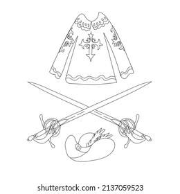 Musketeers cloak, hat, antique swords are isolated on a white background. Vector illustration in a hand-drawn style.Elements of a musketeer costume in the style of doodles. design or coloring element.