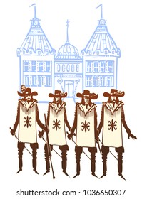 Musketeers in front of a castle.