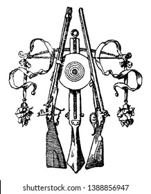 Musketry Symbol is found in front of the Tuileries a royal palace, it is in Paris, vintage line drawing or engraving.