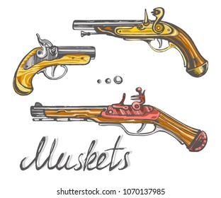 Muskets set different guns. Ancient pistols. Hand drawn color  sketch of ancient weapons of pirates.