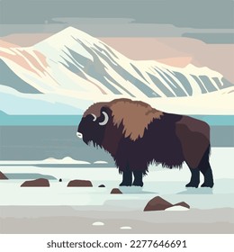 Muskox in snowy terrain. Arctic animals in natural habitat. Flat vector illustration concept