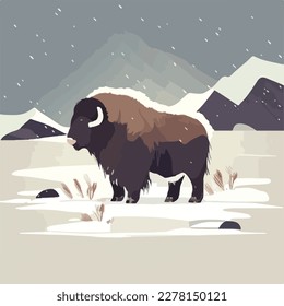 Muskox auf schneebedecktem Gelände. Arktische Tiere in natürlichen Lebensräumen. Flaches Vektorgrafik-Konzept