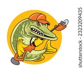 A musky fish mascot holding a grass-cutting weedwacker and wearing a typical agricultural worker