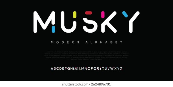Musky modern abstract digital tech font. Logo creative font, type, technology, movie, digital, music, movie. Font and illustration in vector format.