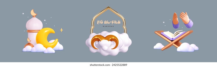 Muslim 3d icon for Ramadan, Eid al Fitr, and Eid al Adha. Islam mosque and crescent in clouds, rehal,holy quran, sheep,arabic shape . Vector realistic illustration