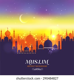 Muslim abstract greeting card. Islamic vector illustration at sunset.
