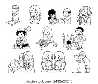 Muslim activity characters outline sketch vector illustration set