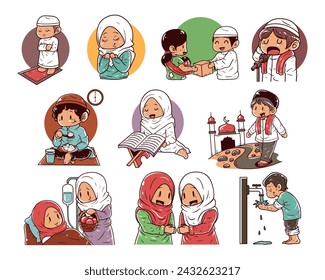 Muslim activity characters vector illustration set