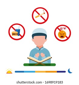 Muslim activity in holy month ramadan, ramadan fasting rules in flat illustration editable vector isolated in white background