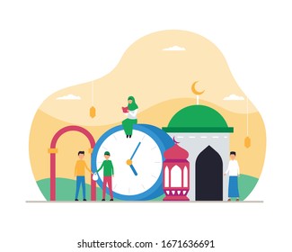 Muslim activity waiting for iftar time in ramadan month tiny people vector flat illustration concept with mosque and asia arabic culture landscape background