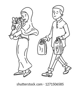 Muslim Adult couple make shopping, Happy family concept, simple vector illustration.
