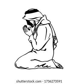 Muslim adult man praying namaz. Sketching vector religion illustration.