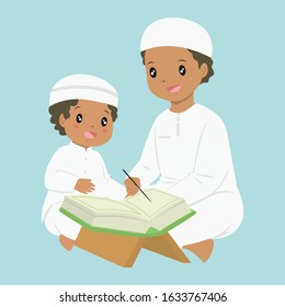 Muslim African American boy learning to read quran. a man teaching a young boy to read quran, cartoon vector.