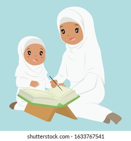 Muslim African American girl learning to read quran. a woman teaching a young girl to read quran, cartoon vector.