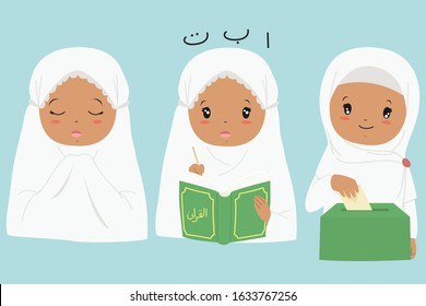 Muslim African American kids cartoon vector set. Muslim girl praying, reading Quran, and giving sadaqah or charity