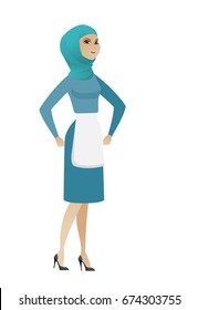 Muslim angry cleaner screaming. Full length of young angry cleaner clenching fists. Angry cleaner in uniform shouting with raised fists. Vector flat design illustration isolated on white background.
