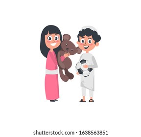 Muslim arab boy and girl playing together vector illustration. Sister and brother having fun with bear toy and ball flat style design. Family concept. Isolated on white