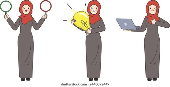 Muslim or Arab businesswoman character pose set. Vector doodle cartoon design.