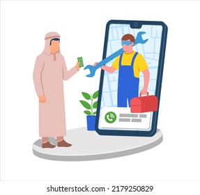 Muslim Arab Call Repair Man Online Service  To Help Home Issue Vector Illustration