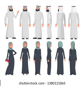 Muslim arab characters in flat style isolated on white background. Set of Arab man and women with different emotions and poses. Arab muslim couple front, rear, side view. Vector illustration