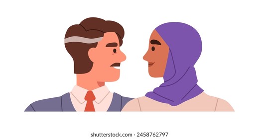 Muslim Arab couple in love. Islamic Arabic man and woman in hijab looking at each other. Happy romantic partners, wife and husband together. Flat vector illustration isolated on white background