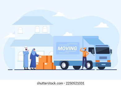 Muslim Arab couple moving to the new house. Flat vector illustration