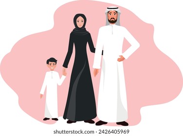 Familia árabe musulmana vestida con ropa islámica tradicional, reunida con su hijo. Retrato de cuerpo entero. Ilustración vectorial.