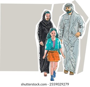 Muslim Arab family in traditional Islamic clothing, gathered together with their child. Full length portrait. Vector illustration.