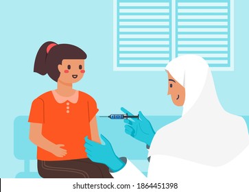 Muslim or Arab Female Doctor Injecting Vaccine to a Kid in Clinic, Hospital or Public Medical Service. Children Vaccination or Immunization Concept. Healthcare Flat Vector Cartoon Design Illustration.