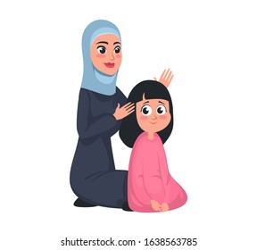 Muslim arab girl and mother brushing hair vector illustration. Warm relationships between daughter and mom flat style design. Family and traditions concept. Isolated on white