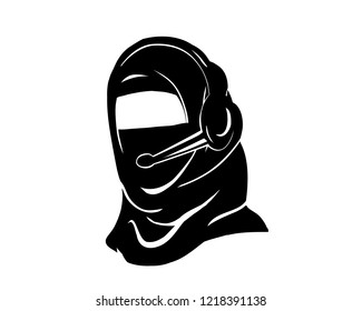 Muslim Arab Hijab Woman - Call Center Operator. Oriental Woman Give Advises Customers On The Phone - Logo Isolated On White Background. Vector Islam Hijab - Arabian Veil, Yashmak, Paranja.